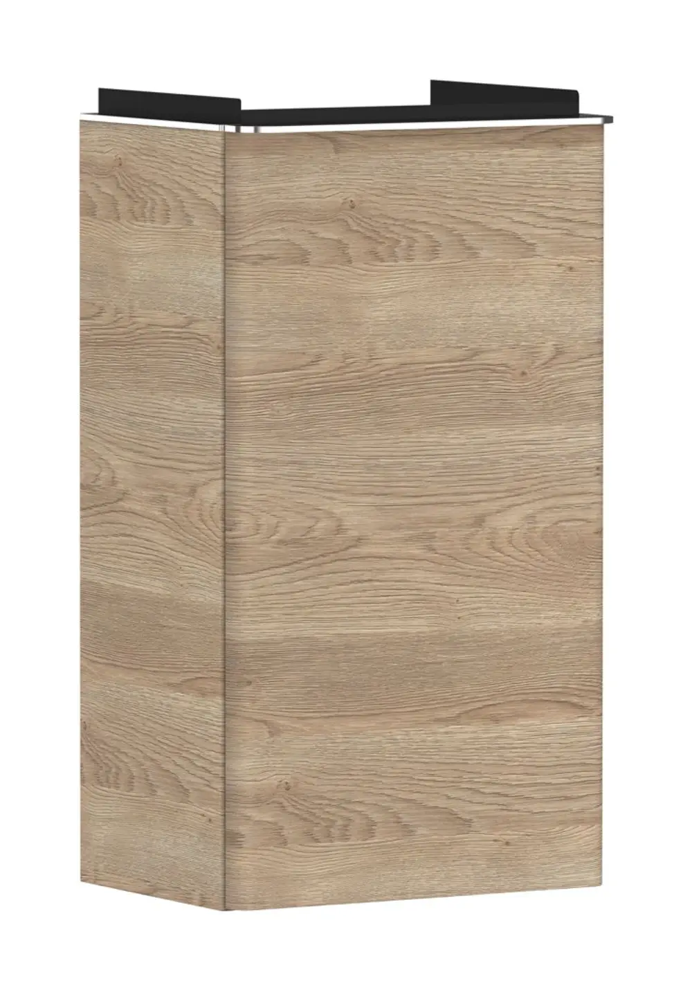 Waschtischunterschrank in Holzoptik mit abgeschrägtem Oberteil, Türanschlag links, geeignet für Handwaschbecken. Entwurf von Hansgrohe.